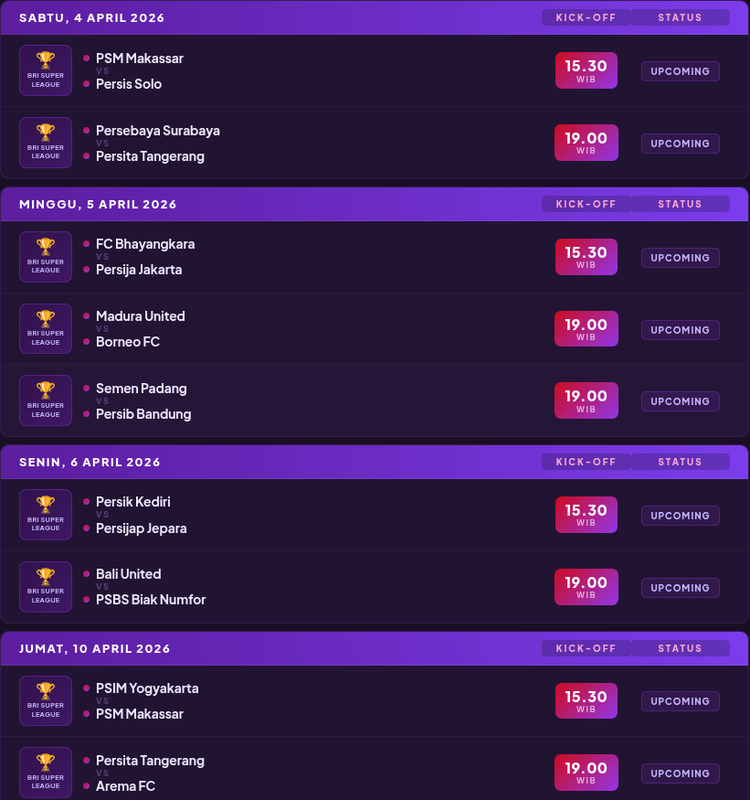 Jadwal Pertandingan Liga Indonesia BRI Super League Maret April 2
