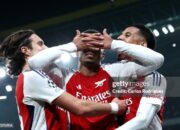 Pemain Arsenal merayakan gol saat laga melawan Sporting CP di Liga Champions