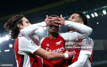 Pemain Arsenal merayakan gol saat laga melawan Sporting CP di Liga Champions