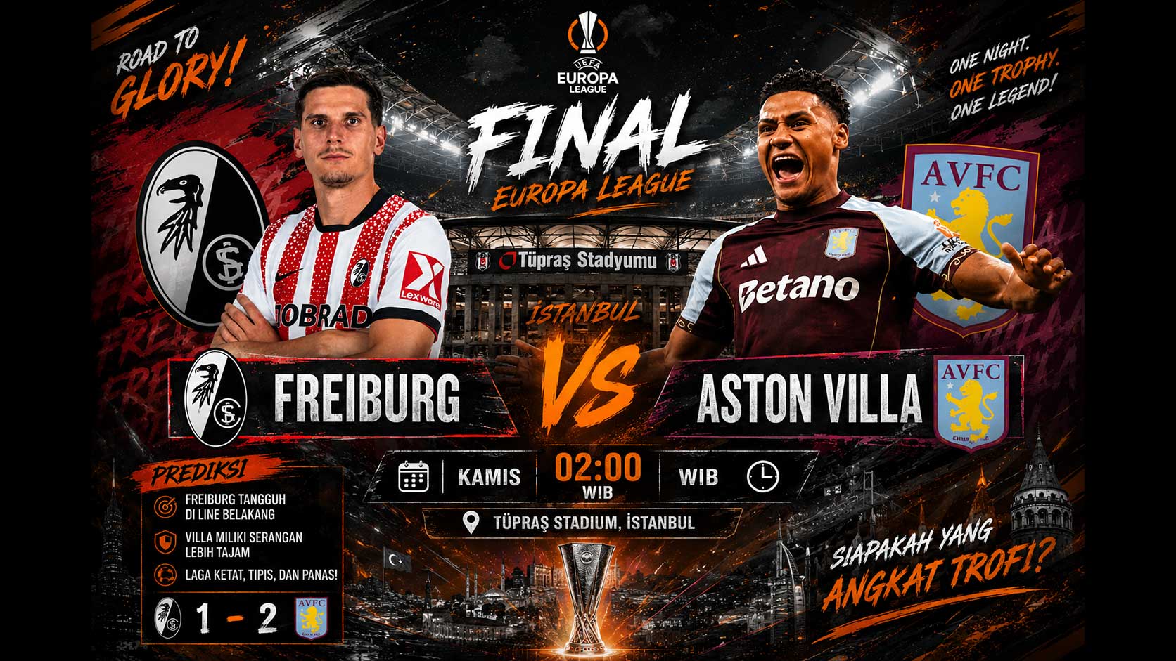Pertandingan final Europa League antara Freiburg dan Aston Villa pada musim 2025/2026.