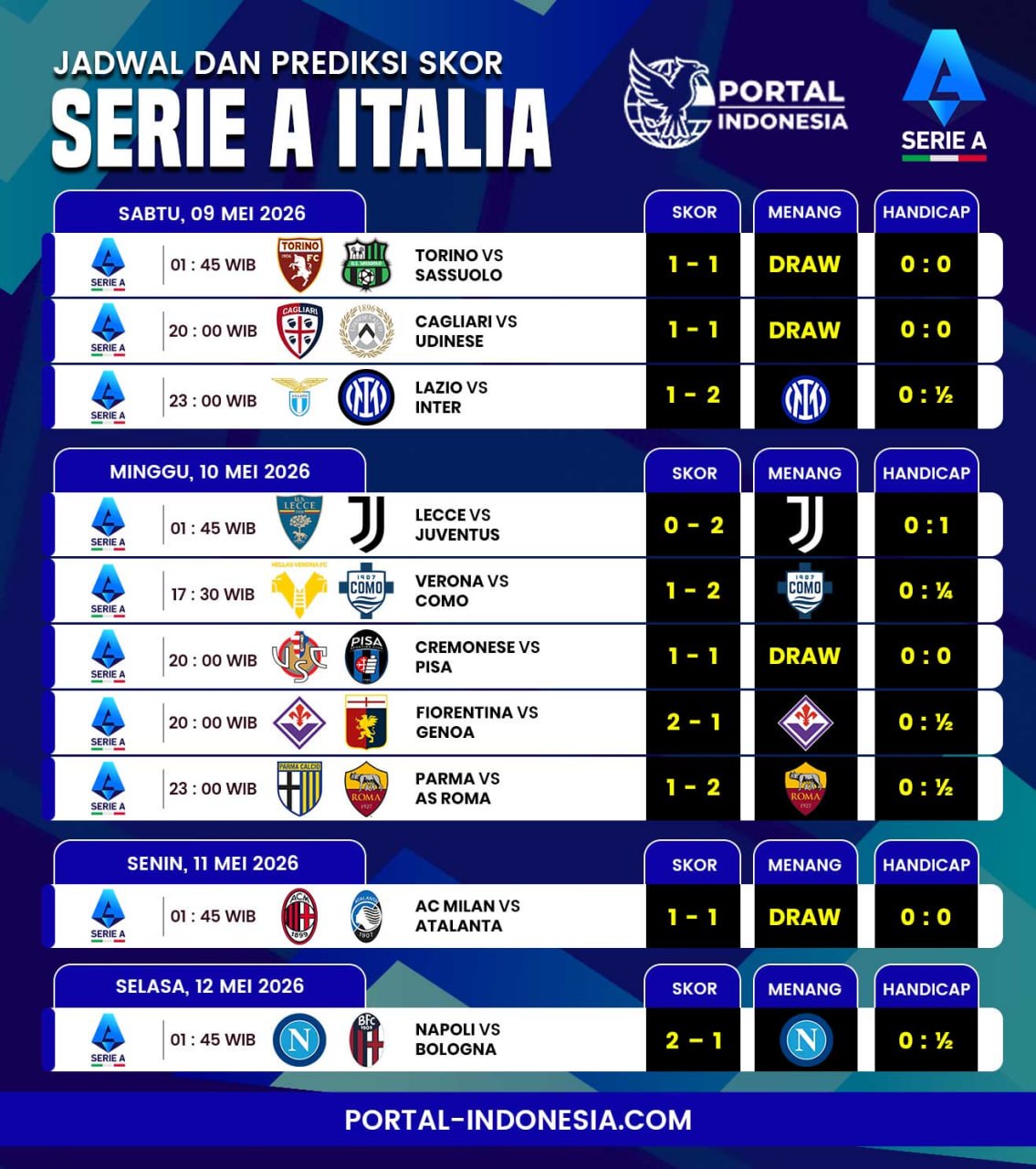 Jadwal Serie A hari ini lengkap dengan prediksi skor 9-12 Mei 2026