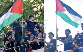 Lamine Yamal mengibarkan bendera Palestina saat parade juara Barcelona