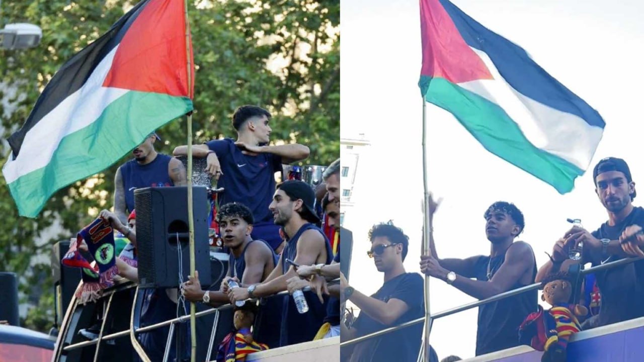 Lamine Yamal mengibarkan bendera Palestina saat parade juara Barcelona