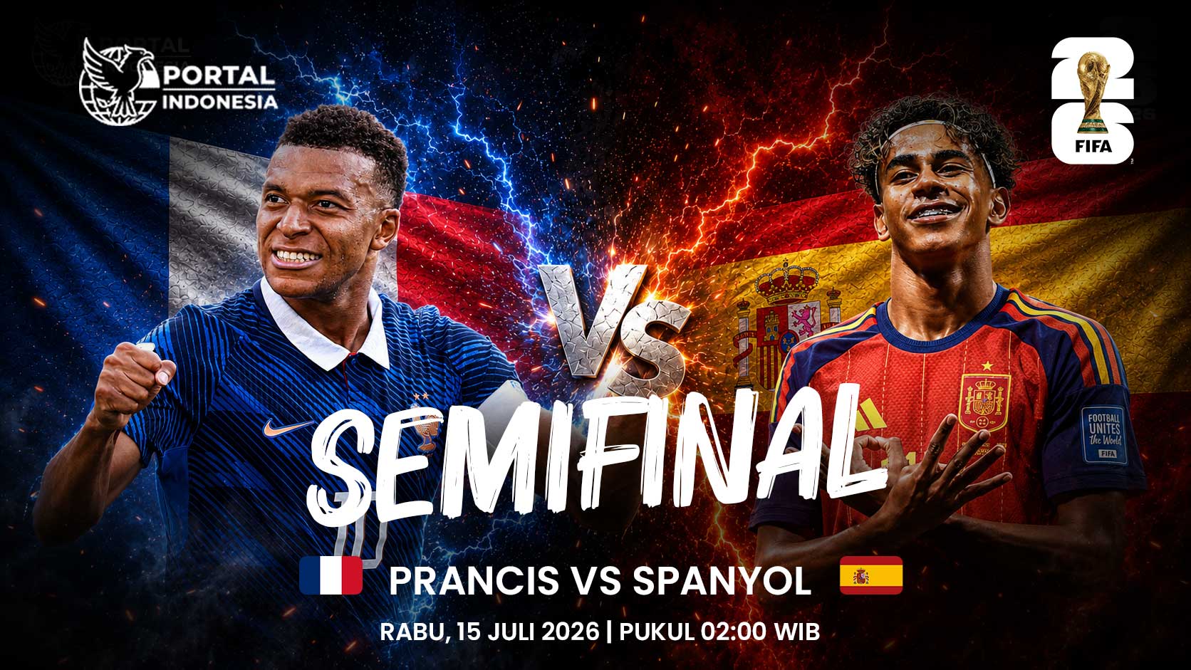 Jadwal Prancis vs Spanyol pada semifinal Piala Dunia 2026 yang berlangsung Rabu dini hari pukul 02.00 WIB